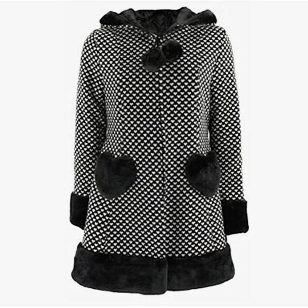 RARE! Living Souls Hearts Retro Rockabilly Polka Dot Teddy Ears Faux Fur Coat